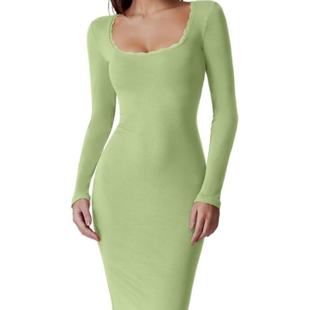 Women's Ribbed Knit Long Sleeve Scoop Neck Maxi Dress XS with Lace NWT QINSEN